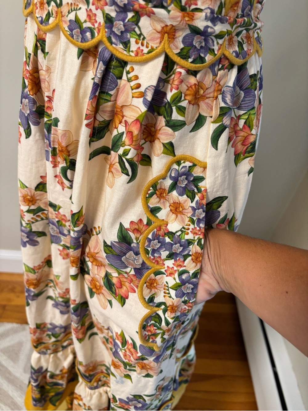 NWT Farm Rio Hilo Stripes Sand Floral Scalloped Midi Dress Small Pockets Linen - Picture 7 of 12